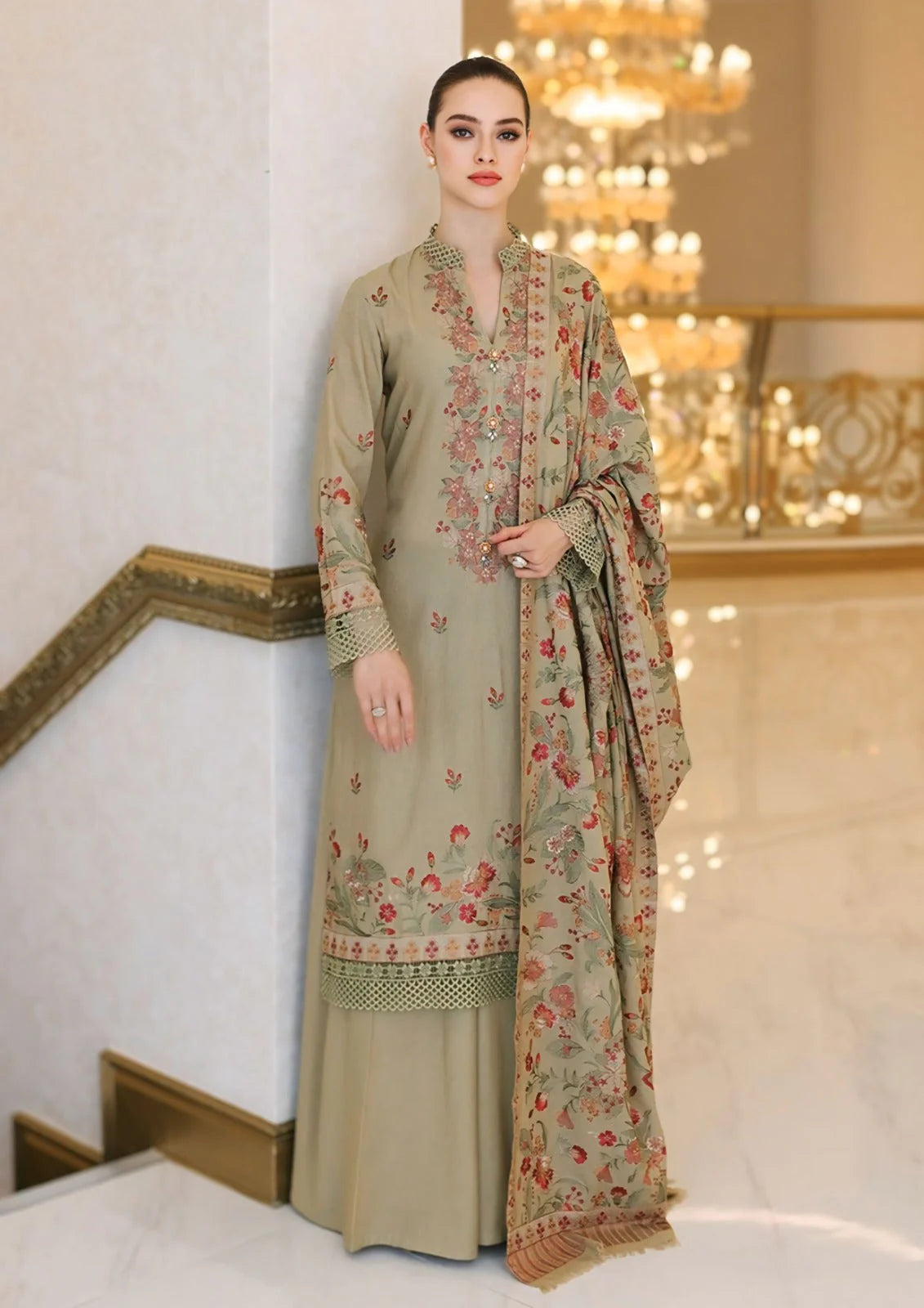BR-955 3PC Embroidered Dhanak Front with Embroidered Shawl by ZARTHREAD – Front View