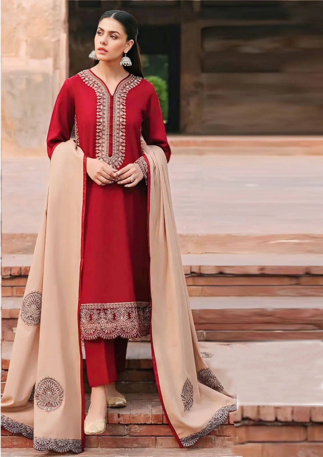 ZK970 3PC Embroidered Dhanak Suit with Embroidered Shawl by ZARTHREAD – Front View