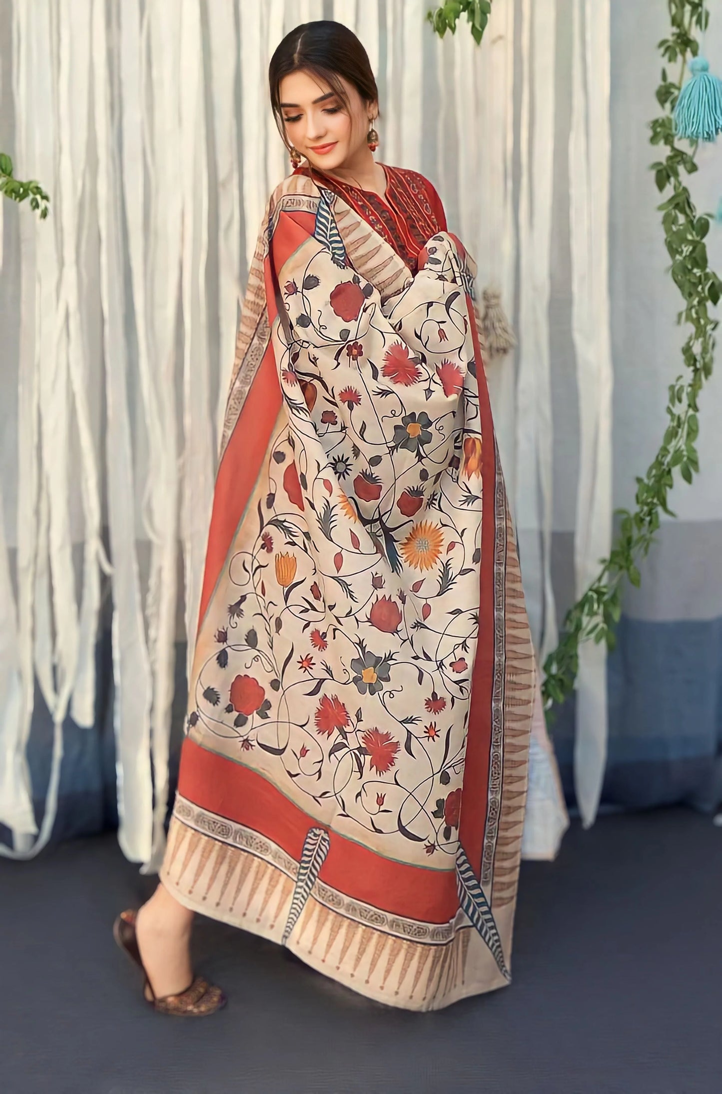 BR-845 3PC Embroidered Dhanak Suit with Printed Wool Shawl by ZARTHREAD – Front View