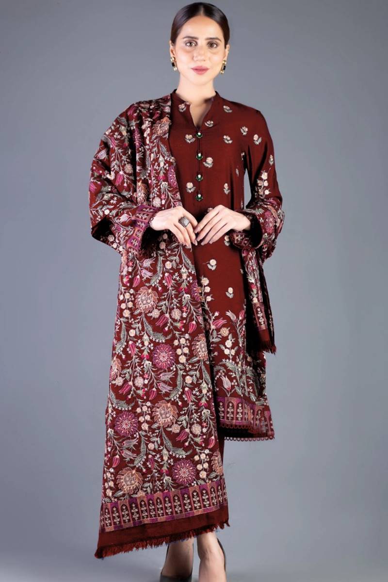 BR-655 3PC Embroidered Dhanak Suit with Embroidered Shawl by ZARTHREAD – Front View