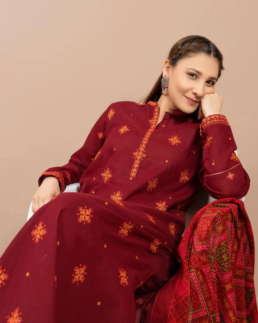 RS-705 3PC Heavy Embroidered Dhanak Suit with Printed Wool Shawl by ZARTHREAD – Front View
