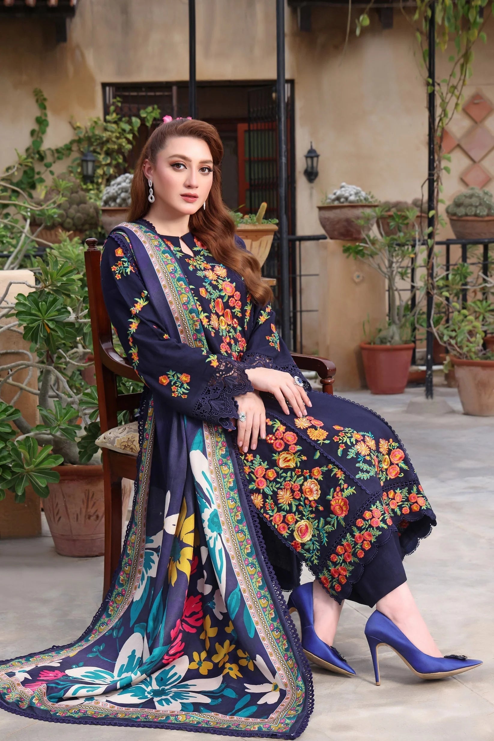 ASIM JOFA 3 PC Dhanak Embroidered Shirt with Courtrai Printed Shawl & Trouser V676 by ZARTHREAD – Women’s Fashion, Pakistani Clothing, Luxury Embroidered Suit
