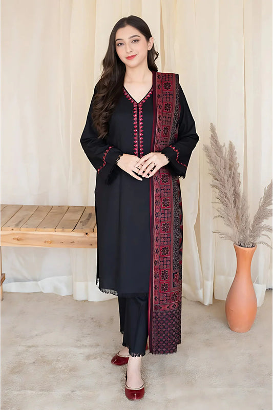 MB-835 3PC Embroidered Dhanak Suit with Printed Wool Shawl by ZARTHREAD – Front View