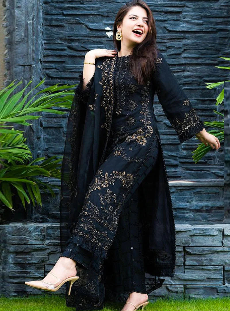 3 Piece Embroidered Lilnen Shirt with Embroidered Organza Duppata V1020