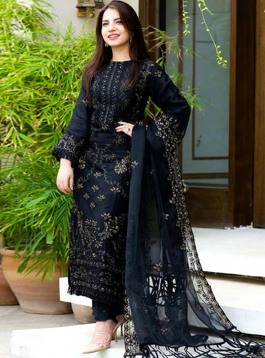 3 Piece Embroidered Lilnen Shirt with Embroidered Organza Duppata V1020