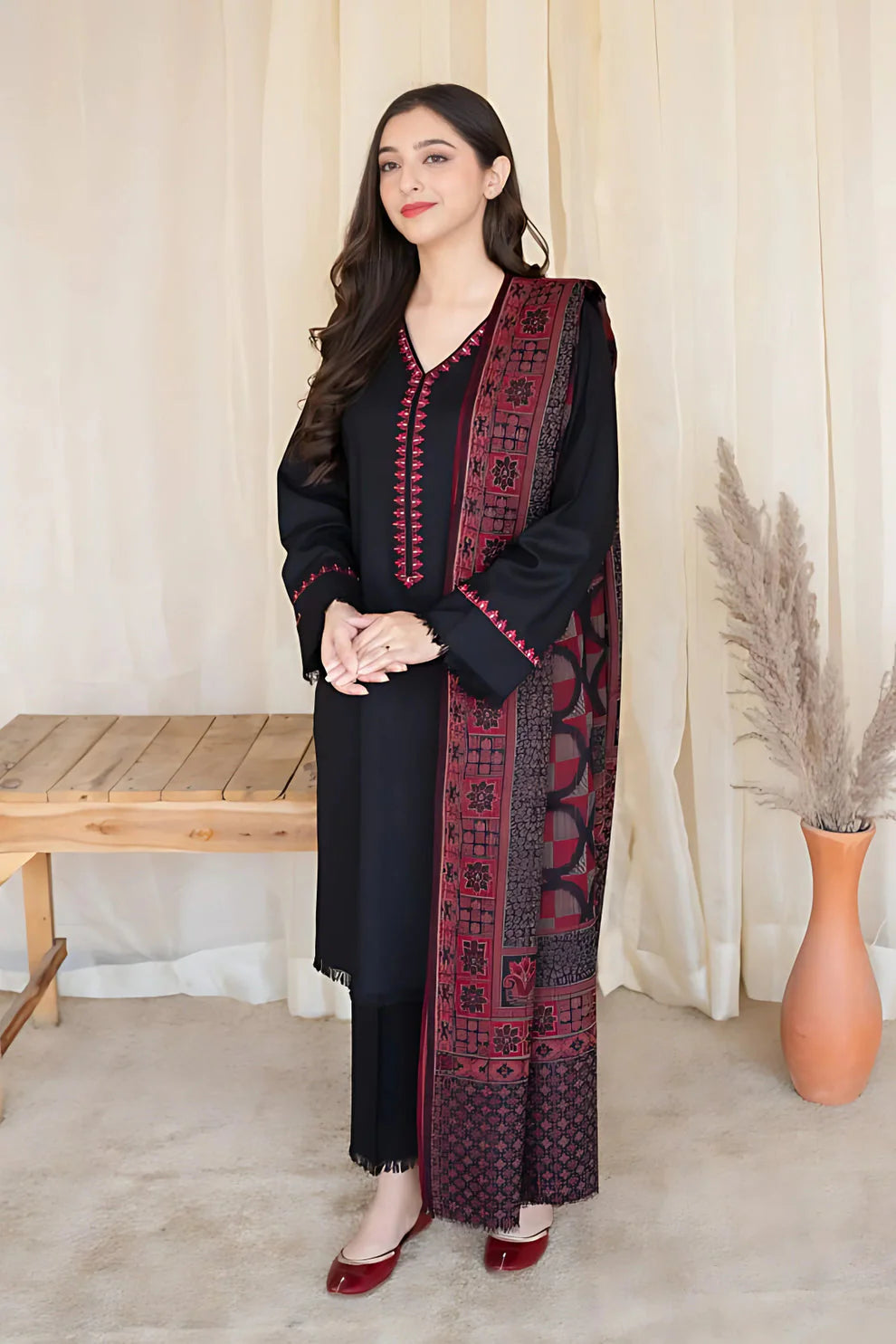 MB-835 3PC Embroidered Dhanak Suit with Printed Wool Shawl by ZARTHREAD – Front View