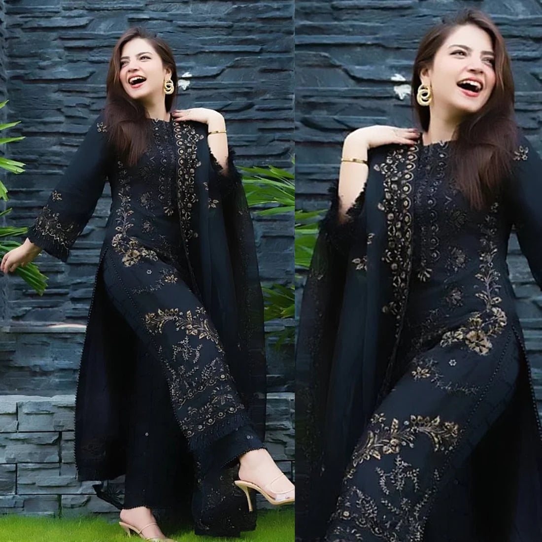 3 Piece Embroidered Lilnen Shirt with Embroidered Organza Duppata V1020