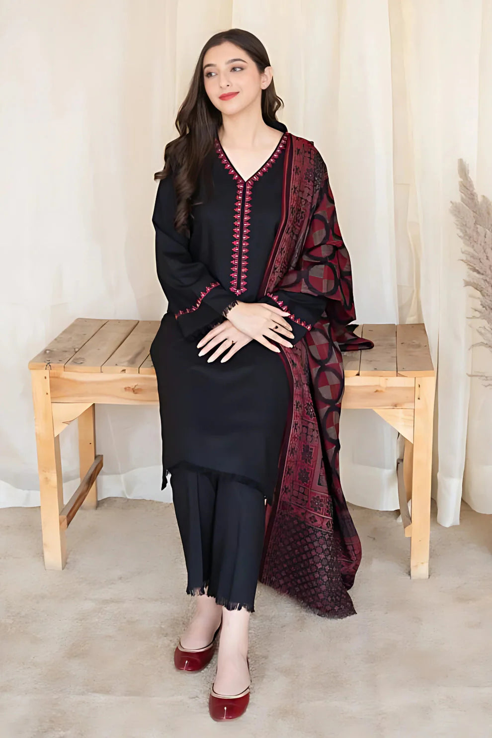 MB-835 3PC Embroidered Dhanak Suit with Printed Wool Shawl by ZARTHREAD – Front View