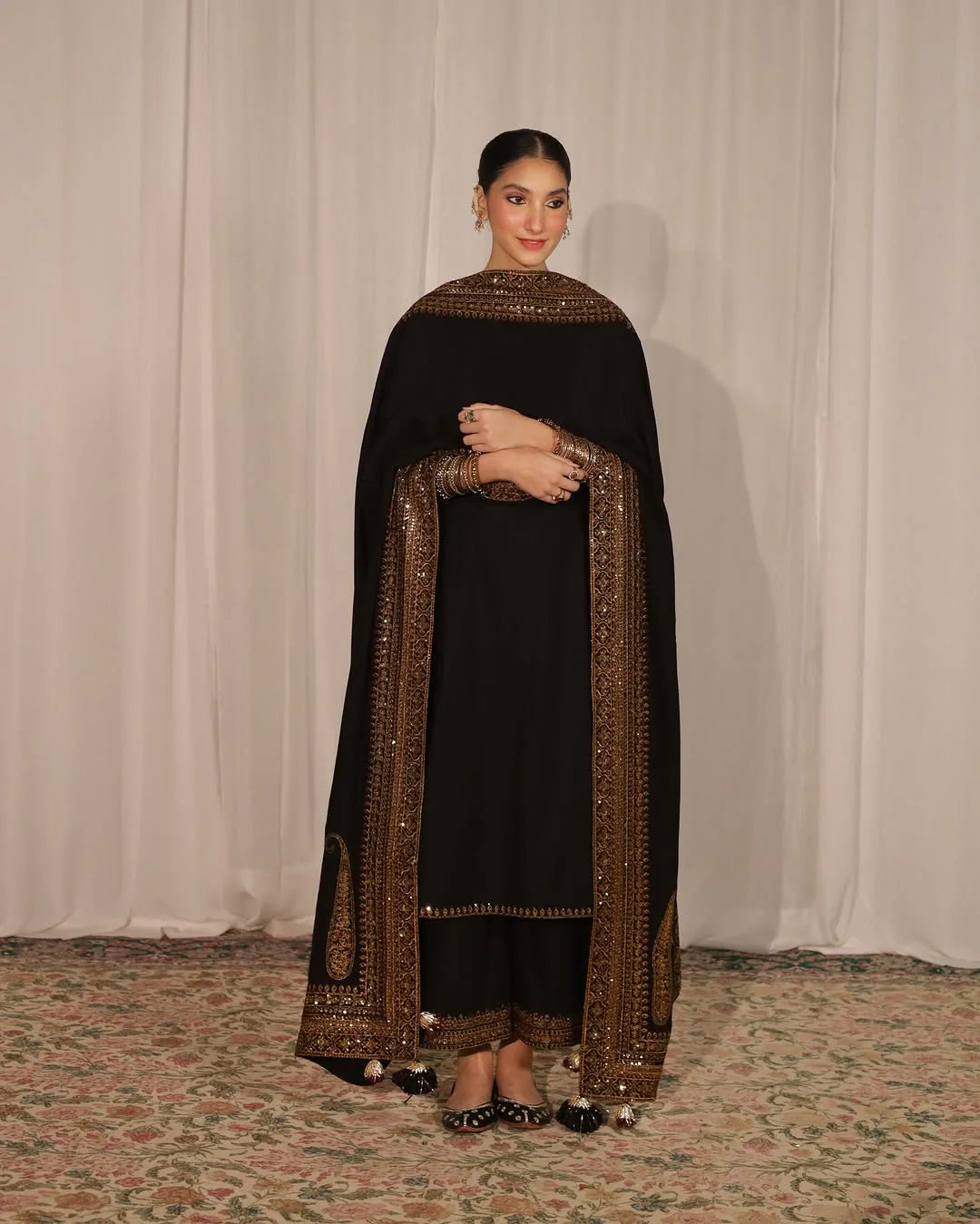 Black Mystique Dhanak Unstitched 3PC Suit V239 by ZARTHREAD – Women’s Fashion, Pakistani Clothing, Elegant Embroidered Dhanak Set