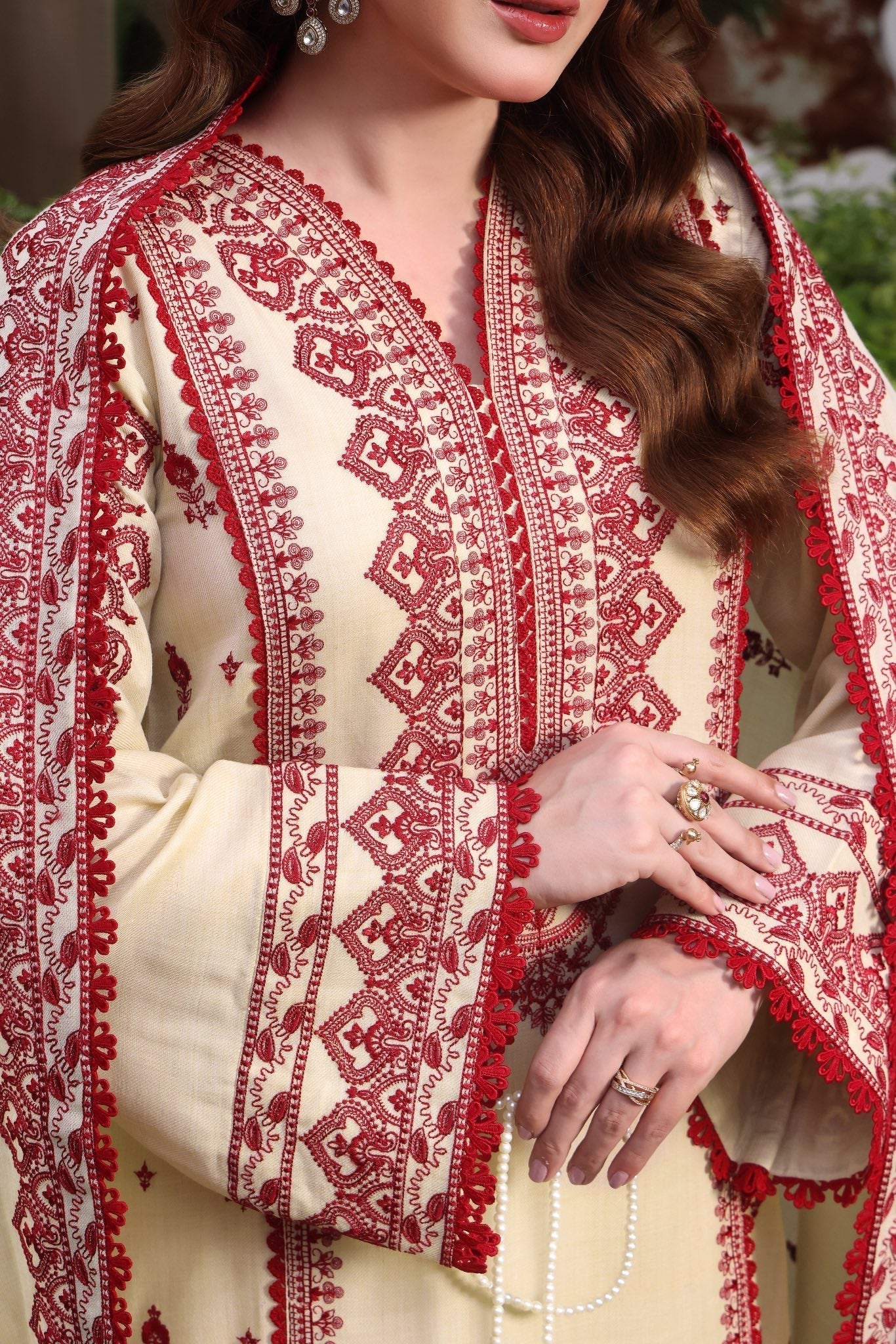 ANEELAS-3PC DHANAK EMBROIDERED SHIRT WITH DHANAK EMBROIDERED SHAWL & TROUSER V672