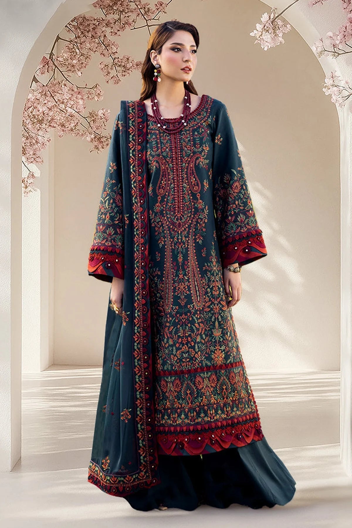 Asim Jofa 3PC Dhanak Embroidered Shirt with Shawl and Trouser 677 by ZARTHREAD — Front View