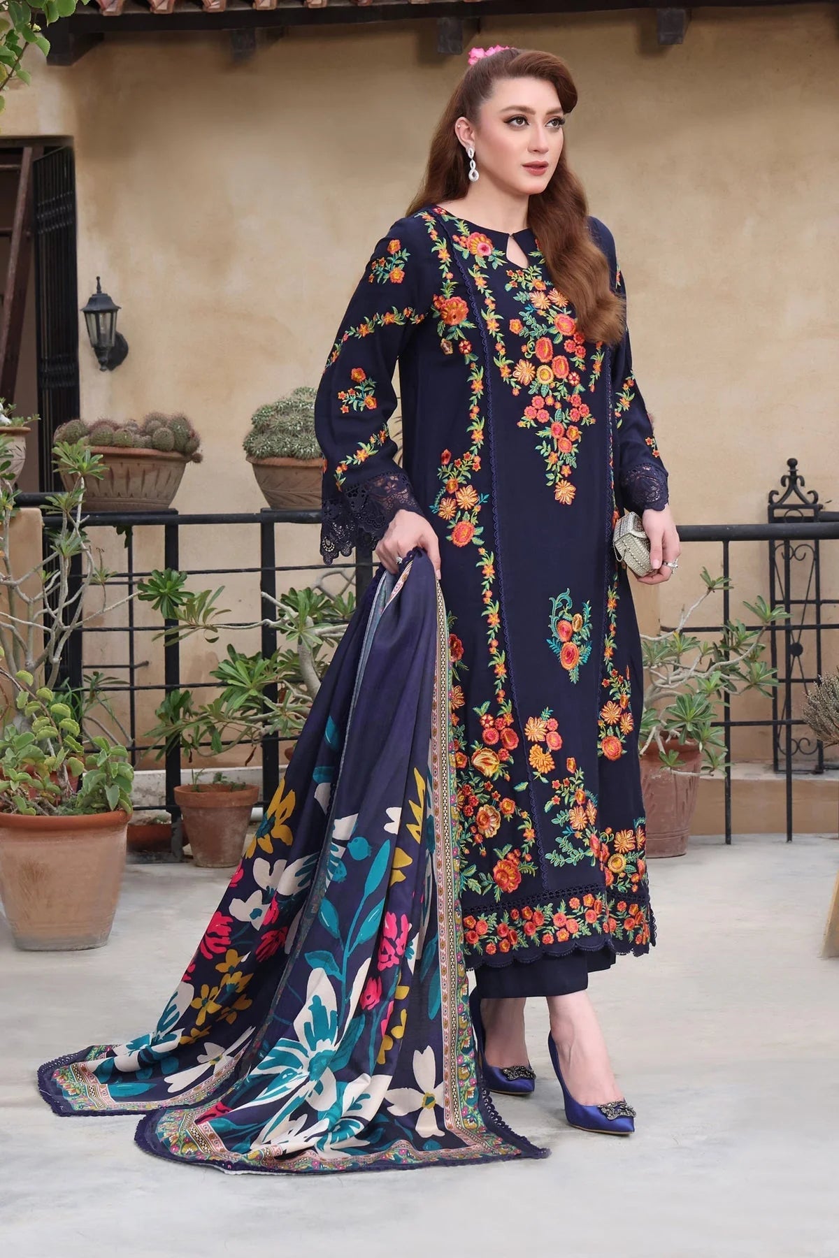 ASIM JOFA 3 PC Dhanak Embroidered Shirt with Courtrai Printed Shawl & Trouser V676 by ZARTHREAD – Women’s Fashion, Pakistani Clothing, Luxury Embroidered Suit