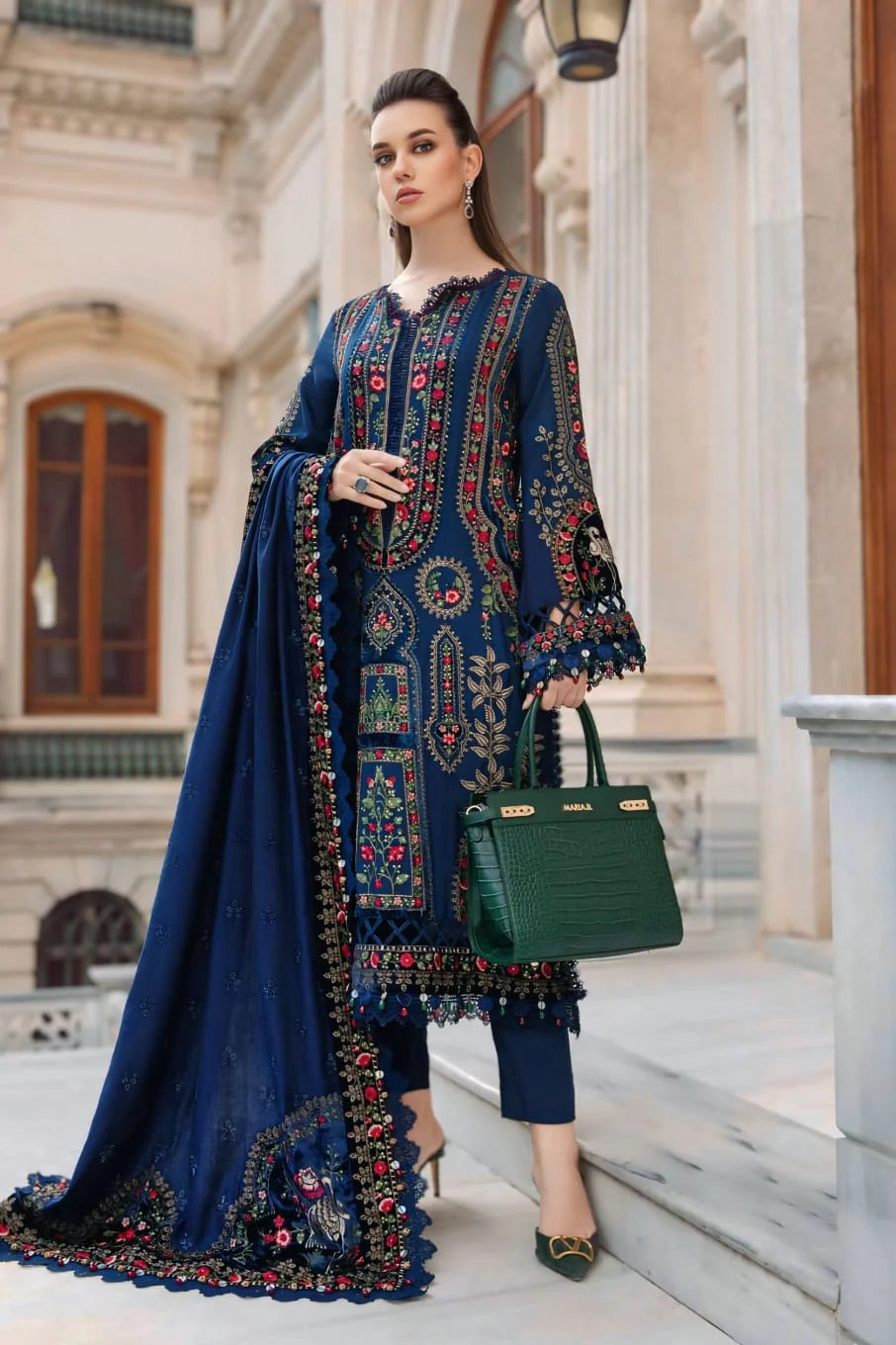 MB-965 3PC Dhanak Embroidered Suit with Shawl by ZARTHREAD – Front View