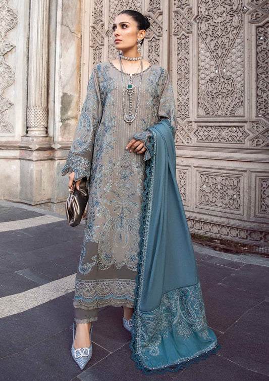 IZ-775 3PC Fully Embroidered Dhanak Suit with Embroidered Shawl by ZARTHREAD – Front View