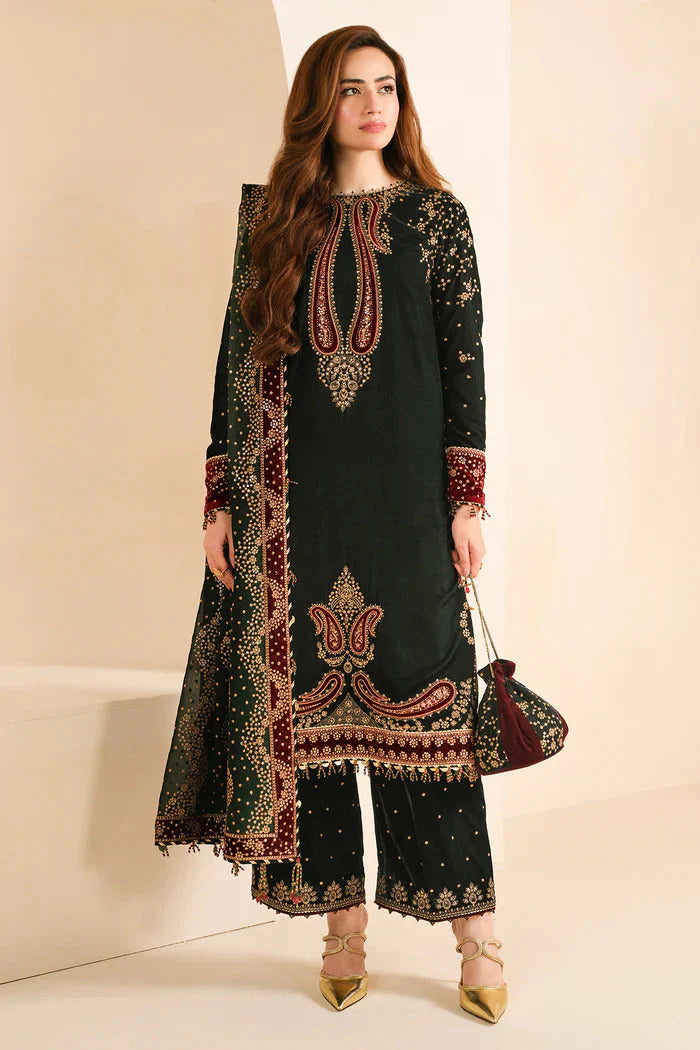 ZARTHREAD JZ-999 3PC Heavy Embroidered Velvet Suit with Chiffon Dupatta – Front View