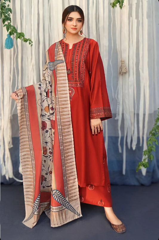 BR-845 3PC Embroidered Dhanak Suit with Printed Wool Shawl by ZARTHREAD – Front View