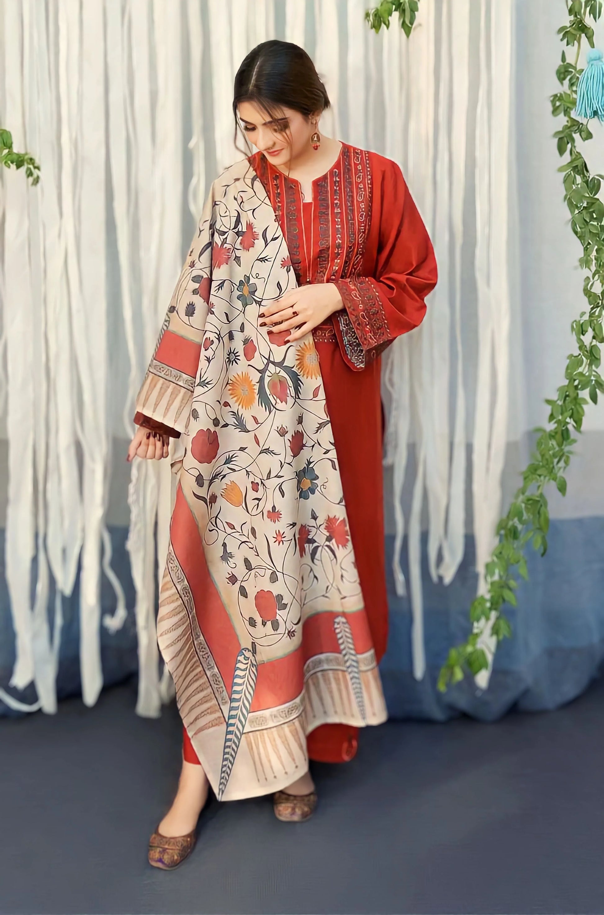 BR-845 3PC Embroidered Dhanak Suit with Printed Wool Shawl by ZARTHREAD – Front View