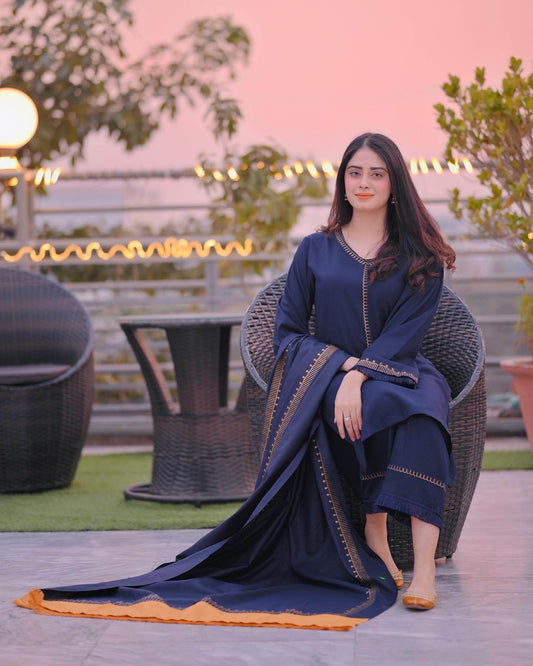 BR-1145 3PC Embroidered Dhanak Suit with Printed Wool Shawl by ZARTHREAD – Front View