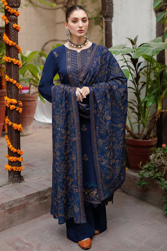 BR-605 3PC Heavy Embroidered Dhanak Suit with Embroidered Shawl by ZARTHREAD – Front View